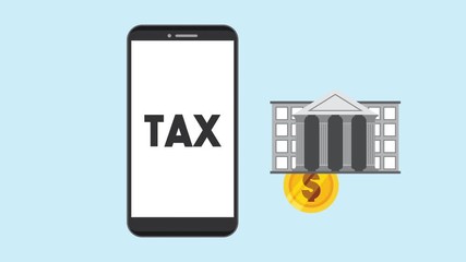 Canvas Print - smartphone with tax pay app and bank building