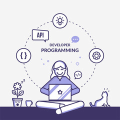 outline software development illustration, programmer coding concept
