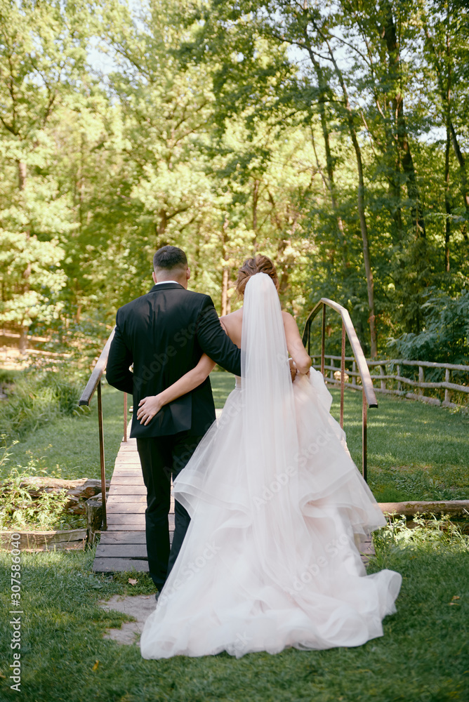 Full length body portrait of young bride and groom walking in park ...