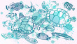 Sea turtle and tropical fish. Marine set. Perfect for invitations, greeting cards, print, banners, poster for textiles, fashion design.