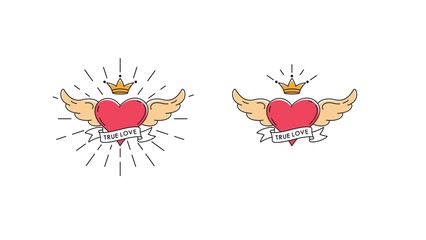 Set of color illustrations on the theme of love and Valentine's Day. Vector illustration of a heart with wings, a ribbon with text and a crown in the rays on a white background.