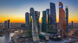 Moscow city skyline and skyscraper building construction architecture aerial view, Moscow International Business and Financial Center at sunset with Moscow river, Russia.