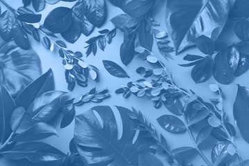 Wall Mural - Creative layout made of tropical leaves in monochrome color. Trendy blue and calm color. Flat lay. Top view. Mock up