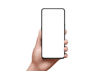 Poster - Phone mockup. Girl hand and modern smart phone with thin edges isolated.