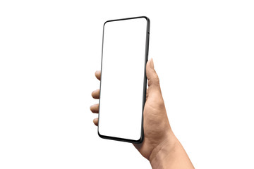 Poster - Hand showing modern smartphone without camera. Isolated background and screen for app presentation, mockup. Right side position.