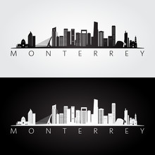 Monterrey Skyline And Landmarks Silhouette, Black And White Design, Vector Illustration.