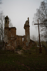 Old church ruins in Poland in Podlasie on a gray November day