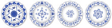 Set Of Blue Porcelain Plates, Floral Pattern With Chinese Motives