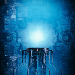 Wall Mural - science fiction pedestal / 3d illustration of dark futuristic machinery with glowing copy space