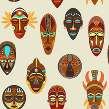 Seamless Pattern Flat Of Colorful African Ethnic Tribal Ritual Masks Of Different Shape Isolated On Background Vector Illustration.