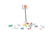 Isolated Trash On The Ground With No Littering Sign. Dirty Forbidden Pollution. Plastic Garbage Disposed Improperly Throwing Away On The Ground. Fallen Rubbish On White Background.