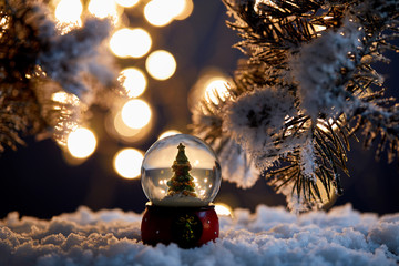 decorative christmas tree in snowball standing in snow with spruce branches and blurred lights at night