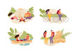 Tourists couple relaxing in nature, riding bicycles, boating, camping. Ecotourism vector illustration set