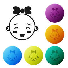 Sticker - Black Happy little girl head icon isolated on white background. Face of baby girl. Set icons colorful circle buttons. Vector Illustration