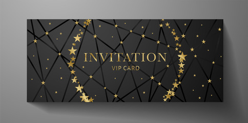 Wall Mural - Luxurious VIP Invitation template with black lines, golden stars on background and gold text. Premium class design for Gift certificate, Voucher, Gift card 