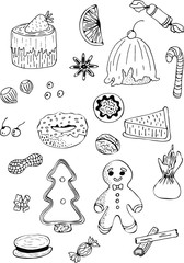 Vector set confectionery and sweets icons. Dessert, lollipop, macaron and pudding. Donut and biscuits, spices, cookies. christmas sweets