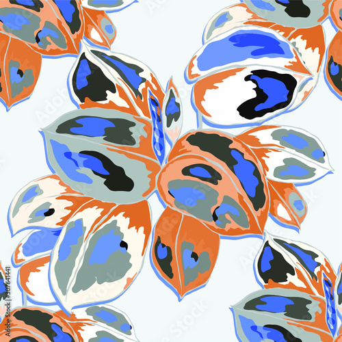 Seamless pattern with tropical leaves. Hand drawn exotic plants. Summer natur...