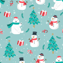 Christmas Seamless Pattern With Snowman Background, Winter Pattern With Bear, Wrapping Paper, Pattern Fills, Winter Greetings, Web Page Background, Christmas And New Year Greeting Cards