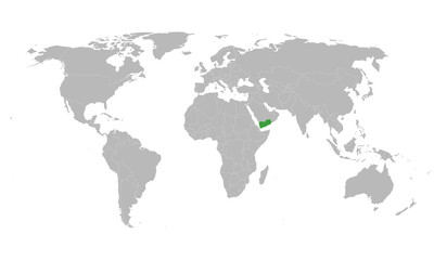 Yemen map marked green on world map with gray background.