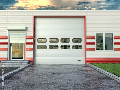Fotomural Hangar exterior with sectional gate. 3d illustration