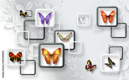 Fototapeta na wymiar 3d mural wallpaper with gray background and flower , squares , butterfly and tree modern simple background