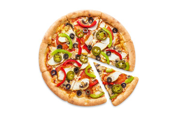 Delicious pizza with chicken fillet, champignon mushrooms, tomatoes, peppers, jalapeno and mozzarella, isolated on white background