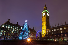 Nighttime View Of The Christmas Tree Outside The Palace Of Westminster In London, England.