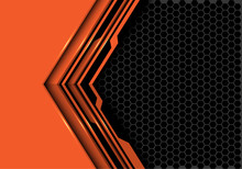 Abstract Orange Black Circuit Arrow Direction With Grey Hexagon Mesh Design Modern Futuristic Technology Background Vector Illustration.