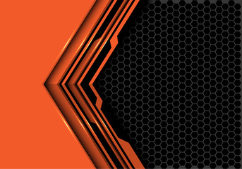Abstract orange black circuit arrow direction with grey hexagon mesh design modern futuristic technology background vector illustration.
