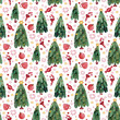 Watercolor seamless pattern with Christmas trees on a white background with gifts,stars,christmas toys,snowflakes,sweets.Christmas background for wrapping paper,greeting cards and scrapbooking.