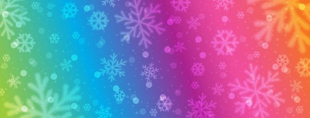 Wall Mural - rainbow colored christmas banner with blurred snowflakes. merry christmas and happy new year greetin