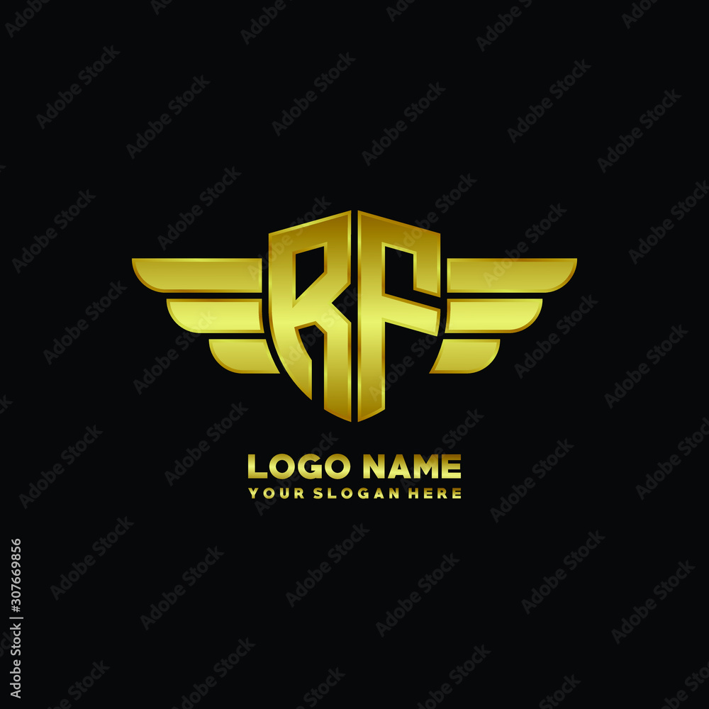 initial letter RF shield logo with wing vector illustration, gold color ...
