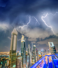 Wall Mural - Amazing aerial view of Downtown Dubai skyline from Sheikh Zayed Road with storm approaching, United Arab Emirates