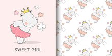 Draw Greeting Card And Print Pattern Of Cute Hippo For Fabric Textiles.