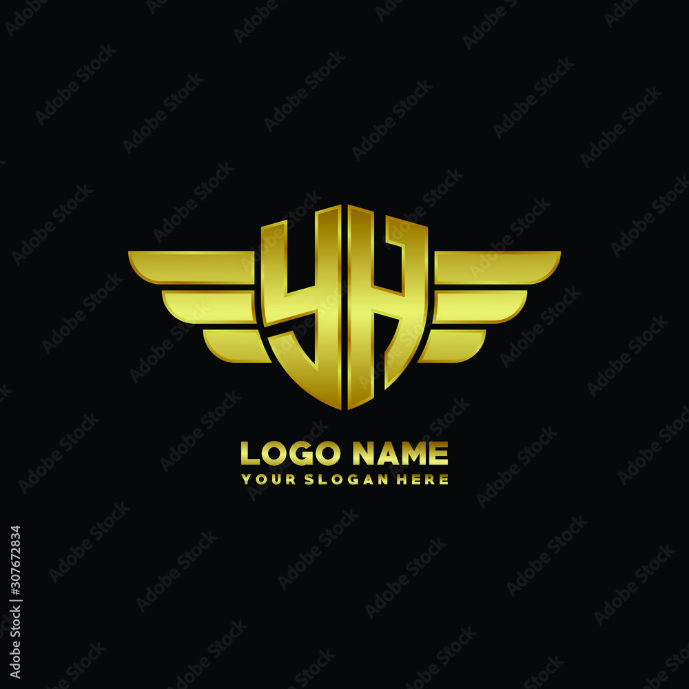 initial letter YH shield logo with wing vector illustration, gold color ...