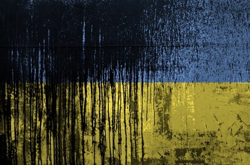 Wall Mural - Ukraine flag depicted in paint colors on old and dirty oil barrel wall closeup. Textured banner on rough background