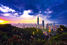 Taiwan City Skyline At Twilight View From Elephant Viewpoint.