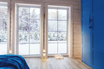 Bright interior, room in wooden house with large window. Scandinavian style. color of the year 2020 classic blue