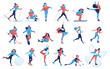 © svet_nn - Set of Winter sport and recreation illustrations. Girls doing ice skating, skiing, snowboarding, girl on sledge, Hockey, curling, skier, simple skater, outdoor snow games, cartoon characters. Vector