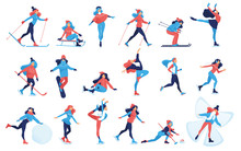 Set Of Winter Sport And Recreation Illustrations. Girls Doing Ice Skating, Skiing, Snowboarding, Girl On Sledge, Hockey, Curling, Skier, Simple Skater, Outdoor Snow Games, Cartoon Characters. Vector