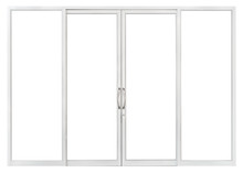 PVC Sliding Glass Door Isolated On White Background, Real Interior Clear Window Pane Frame Element For Front Store Office Design