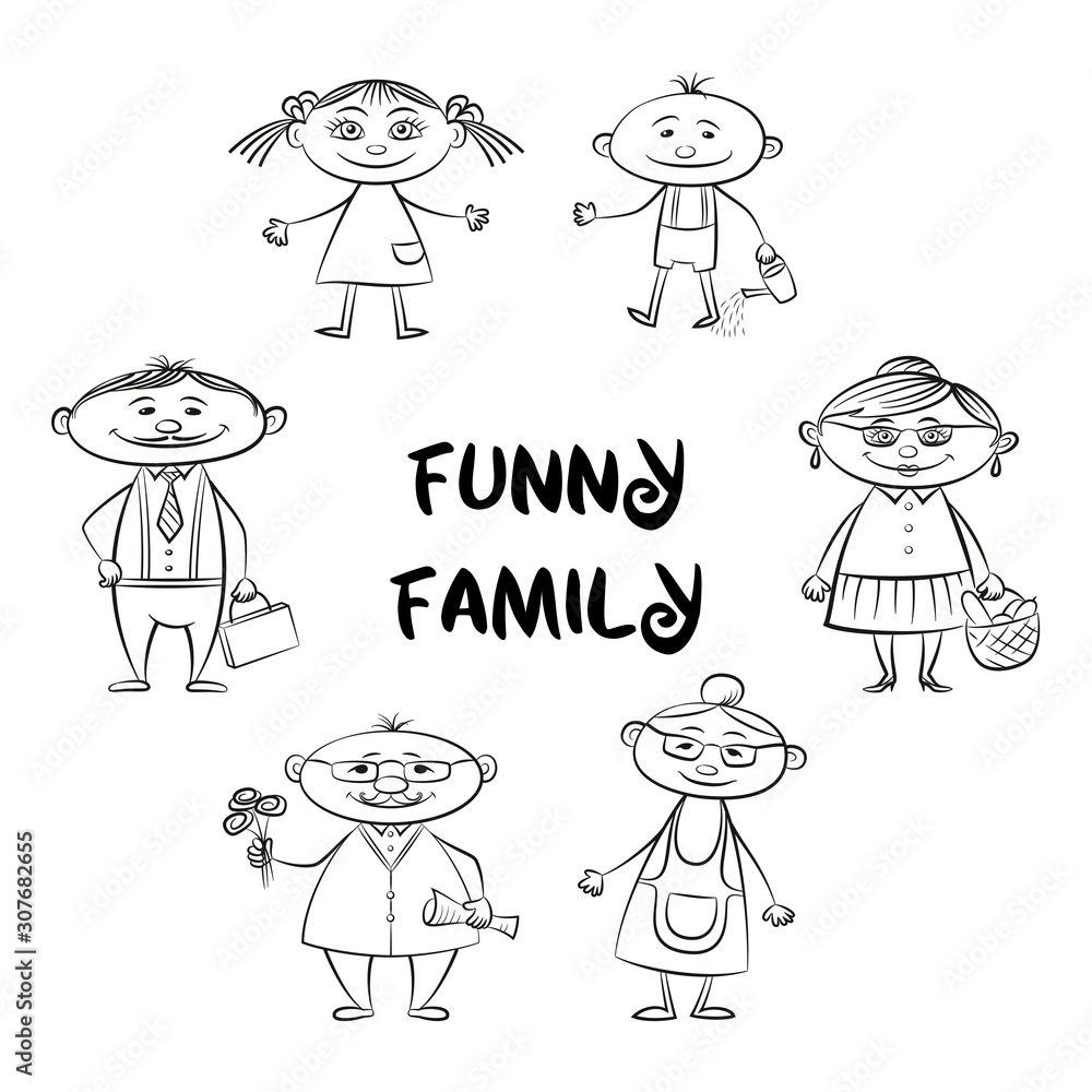 Vetor do Stock Funny Family, Set of Cartoon Characters Mother, Father, Son,  Daughter, Grandfather, Grandmother Black Contours Isolated on White. Vector  | Adobe Stock, image size:1000x1000
