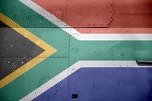 South Africa Flag Depicted On Side Part Of Military Armored Helicopter Closeup. Army Forces Aircraft Conceptual Background