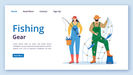 Wall Mural - Fishing gear landing page vector template. Marine occupation website interface idea with flat illustrations. Fisherman homepage layout. Fishing equipment web banner, webpage cartoon concept