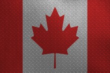 Canada Flag Depicted In Paint Colors On Old Brushed Metal Plate Or Wall Closeup. Textured Banner On Rough Background