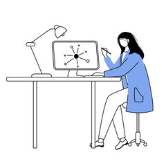 Wall Mural - scientist at working place flat contour vector illustration. woman in blue lab coat simple drawing. 