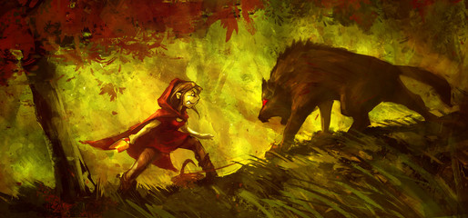 Little Red Riding Hood fighting with a wolf in the forest, funny color painting 