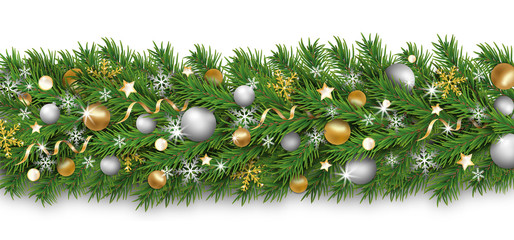 Wall Mural - Christmas border decoration and happy New Year garland on white background. Christmas tree branches decorated golden and silver baubles and balls, snowflake, ribbons and stars. Xmas background.