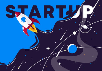 Wall Mural - vector illustration of flying rocket, background of space with stars, galaxy, satellites, planet, st