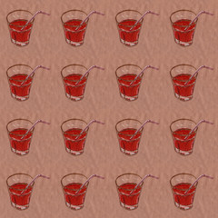 Wall Mural - pattern glass cup with juice and a straw on a craft background graphic drawing